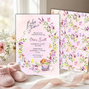 Invitation Fête Élégante Florale avec Papillons pour Bébé