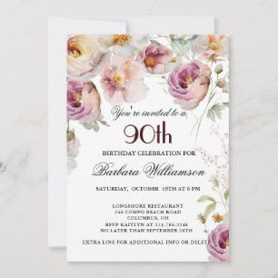 Invitation Fête élégante peinte florale 90e anniversaire
