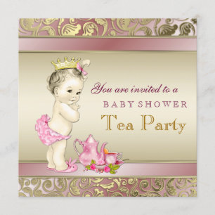 Invitation Fête élégante rose et or pour bébé fille Tea Party