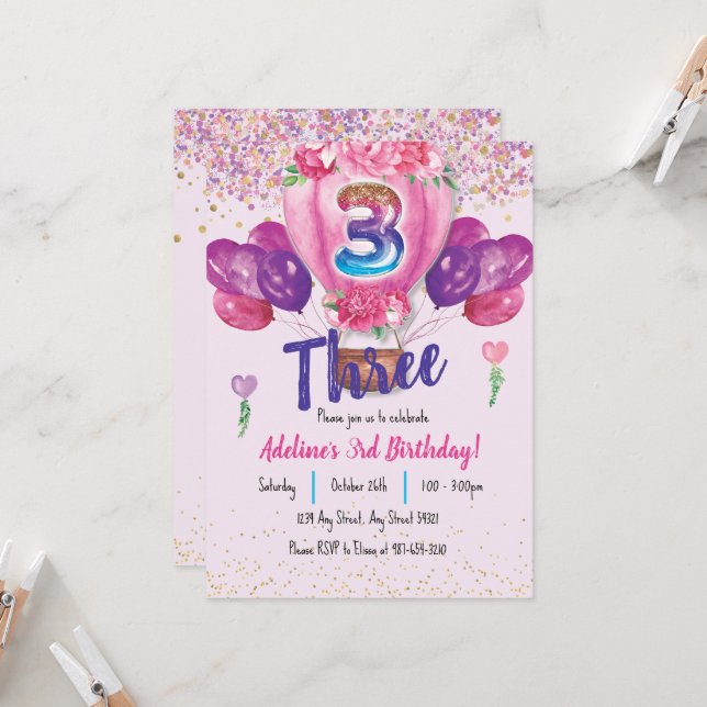 Invitation Fête en rose : Balloon Confetti 3e anniversaire (Devant/Arrière en situation)