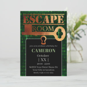 Invitation Fête Escape Game Serrure et Clé Code Binaire Vert