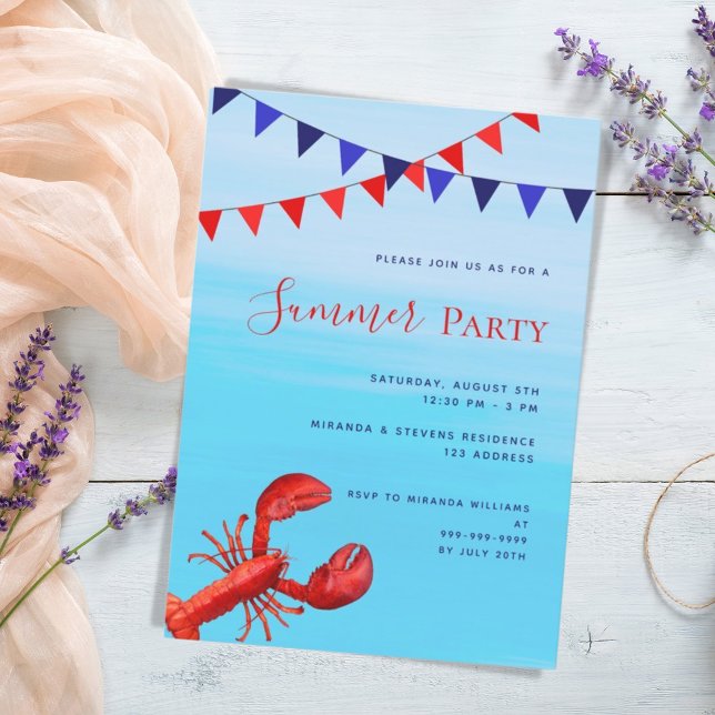 Invitation Fête estivale homard rouge plage bleu mer (Créateur téléchargé)
