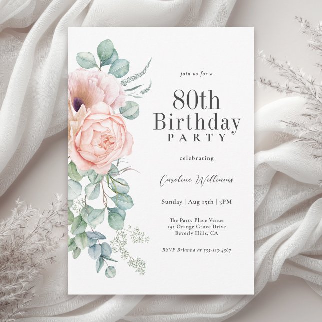 Invitation Fête féminine rose et beige 80e anniversaire (Available in both printed and instant download digital formats.)
