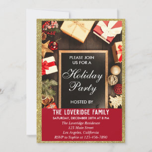Invitation Fête festive de Noël, paillettes rouges et or
