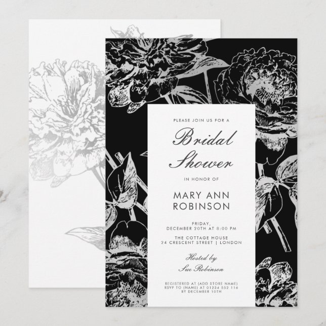 Invitation Fête Fête de l'mariée simple Floral Silver Black (Devant / Derrière)