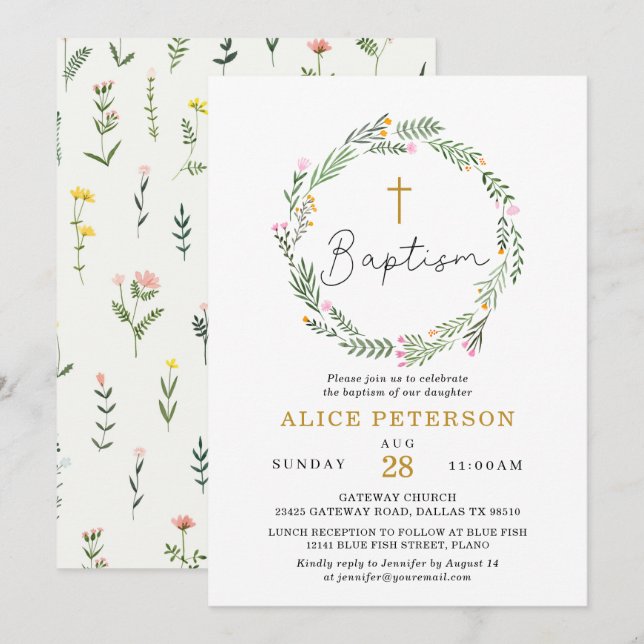 Invitation Fête fleur sauvage du baptême féminin (Devant / Derrière)