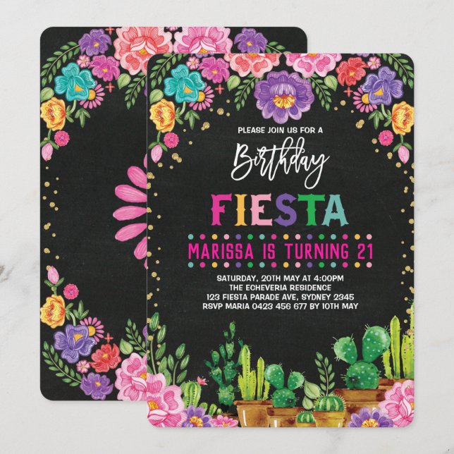 Invitation Fête Florale Anniversaire fête Fleur mexicaine Inv (Devant / Derrière)