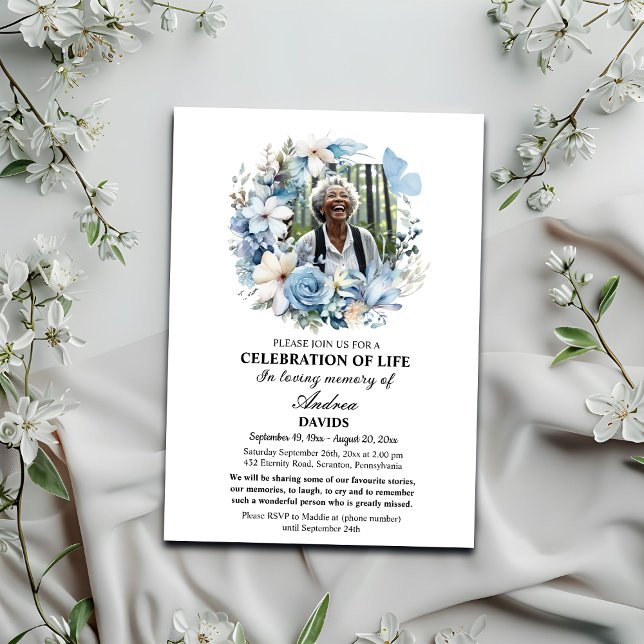 Invitation Fête Florale Bleue De La Vie 1 Photo Funérailles (Créateur téléchargé)