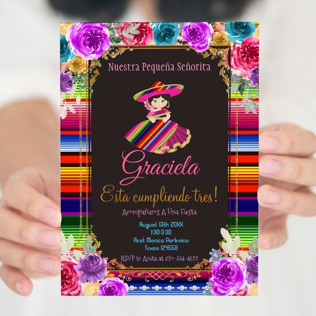 Invitation Fête Florale mexicaine Anniversaire Mis Tres Años (Créateur téléchargé)