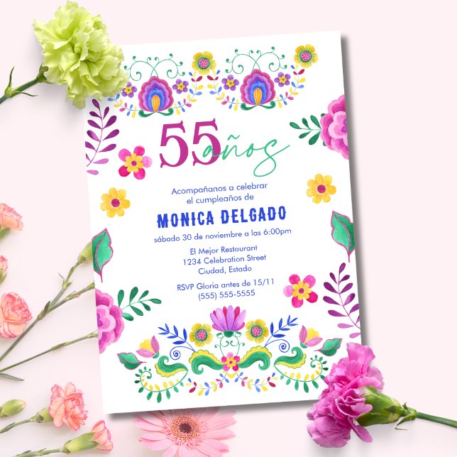 Invitation Fête Florale mexicaine espagnole 55e fête d'annive (Créateur téléchargé)