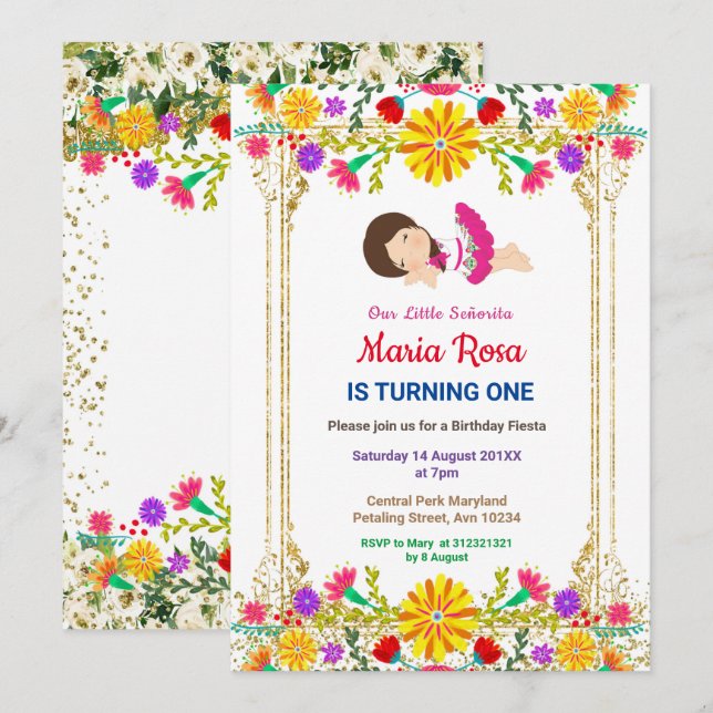 Invitation Fête Florale mexicaine Fille fête anniversaire (Devant / Derrière)
