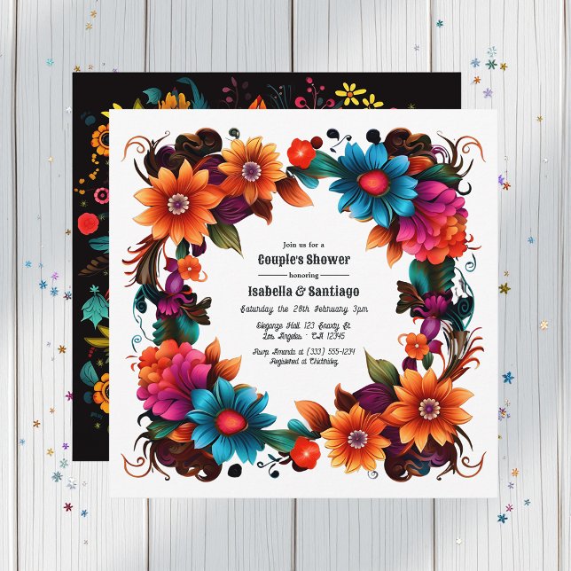 Invitation Fête Florale Mexicaine Gras pour Couple (Bold Mexican Fiesta Floral Couple's Shower Invitation)