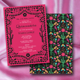 Invitation Fête Florale Mexicaine Rose Noir Quinceañera