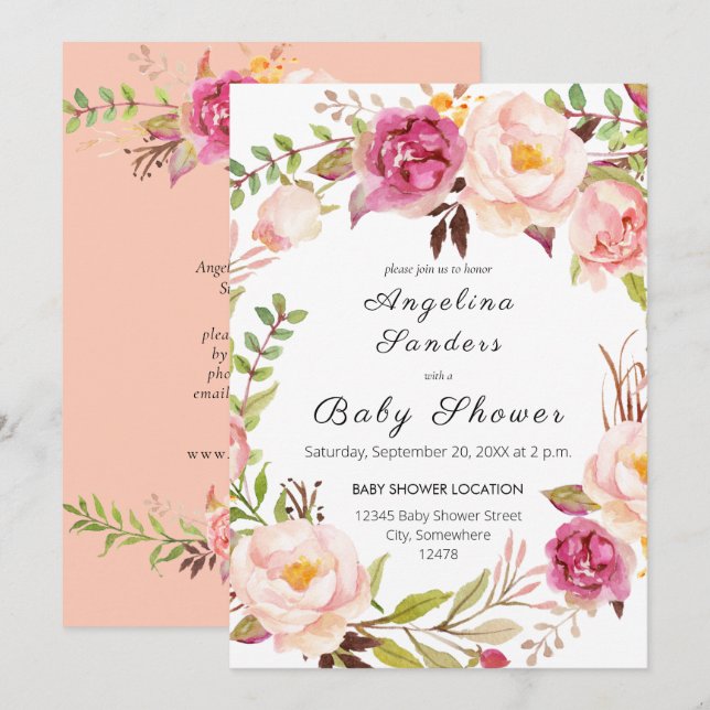 Invitation Fête florale ou Baby shower rose en fleurs (Devant / Derrière)