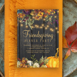 Invitation Fête friendsgiving rustique florale marron bois de