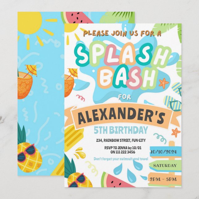 Invitation Fête Garçon Fête de Piscine Summer Splash Party au (Devant / Derrière)