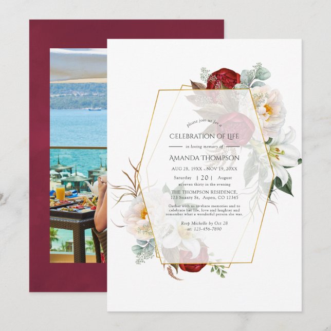 Invitation Fête géométrique de la vie en fleurs rouges et bla (Devant / Derrière)