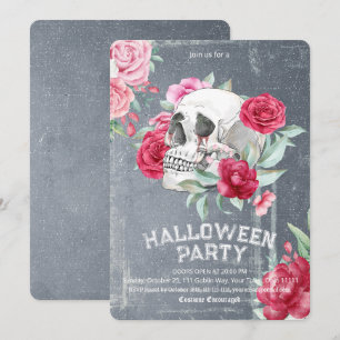 Invitation Fête Halloween Fleurie Crâne Aquarelle Gothique
