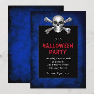 Invitation Fête Halloween Grunge Bleu Crâne Et Os