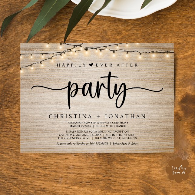 Invitation Fête "Happily Ever After", Mariage aux guirlandes  (Happily Ever After party, String Lights Wedding Invitation Card PDF Cottage Wood)