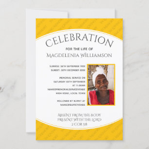 Invitation FÊTE Jaune DE LA VIE Photo Funérailles commémorati