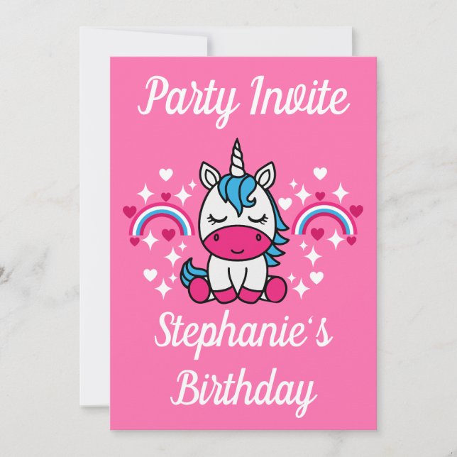 Invitation Fête Licorne Rose Pour Petites Filles (Devant)