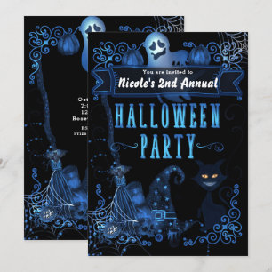 Invitation Fête magique d'Halloween Chat noir Lumières bleues