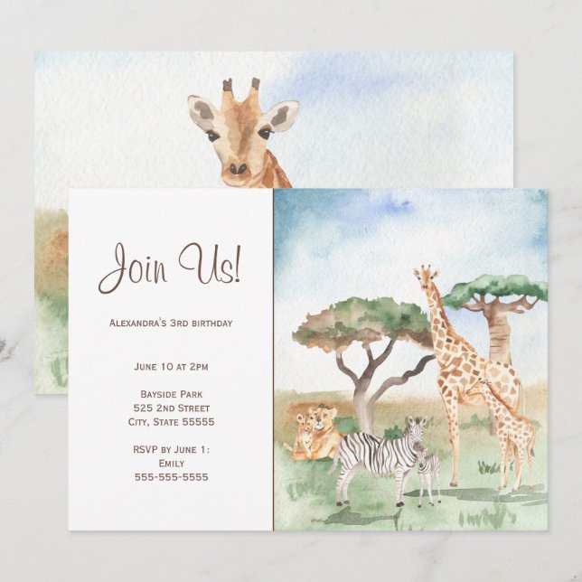 Invitation Fête maman et bébé animaux africains aquarelle (Devant / Derrière)