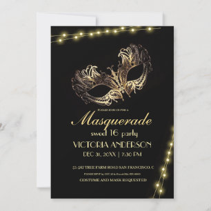 Invitation Fête Mascarade d'or noir moderne 16e anniversaire