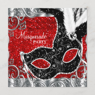 Invitation Fête Mascarade rouge et noir argent et masque