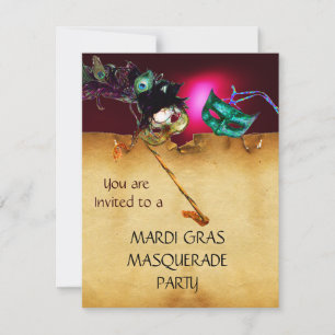 Invitation FÊTE MASQUÉE DU MARDI GRAS, rouge burgundy