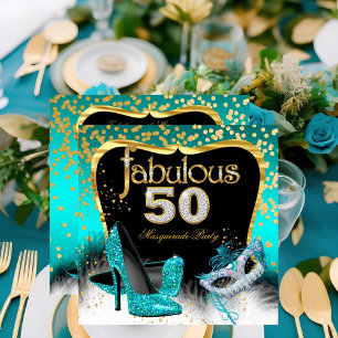 Invitation Fête Masquée Fantastique des 50 ans Sarcelle et Or