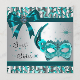 Invitation Fête Masquée Sweet Sixteen au Léopard Bleu Turquoi