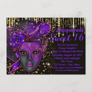 Invitation Fête masquée Sweet Sixteen or et violet