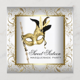 Invitation Fête Masquée Sweet Sixteen Or Noir Blanc