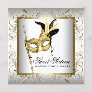 Invitation Fête Masquée Sweet Sixteen Or Noir Blanc