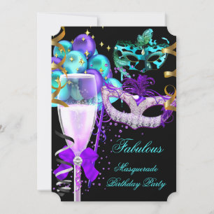 Invitation Fête Masquée Violette Turquoise et Noire Fabuleuse
