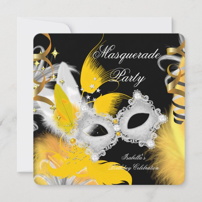 Invitation Fête Masquerade Anniversaire Masque Jaune Blanc No (Devant)