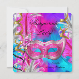 Invitation Fête Masquerade Anniversaire Turquoise violet rose