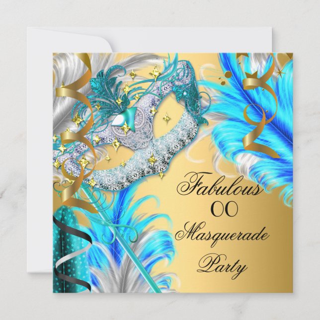 Invitation Fête Masquerade Fabuleux Anniversaire Turquoise Bl (Devant)