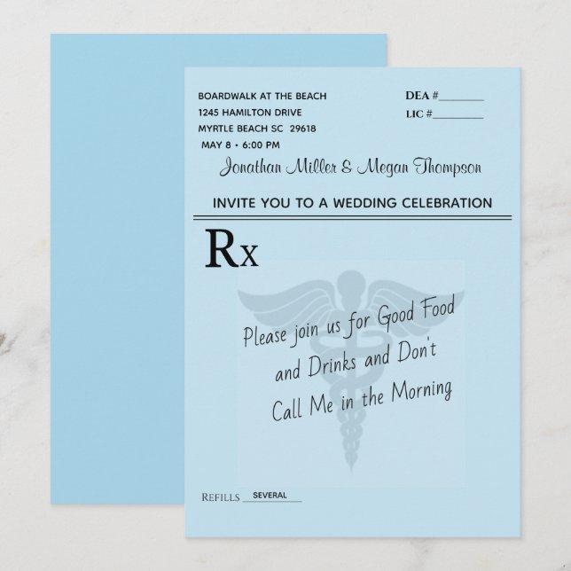 Invitation Fête Médicale du Mariage bleu Pad Prescription (Devant / Derrière)