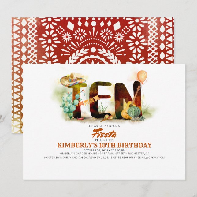 Invitation Fête mexicaine 10ème anniversaire (Devant / Derrière)