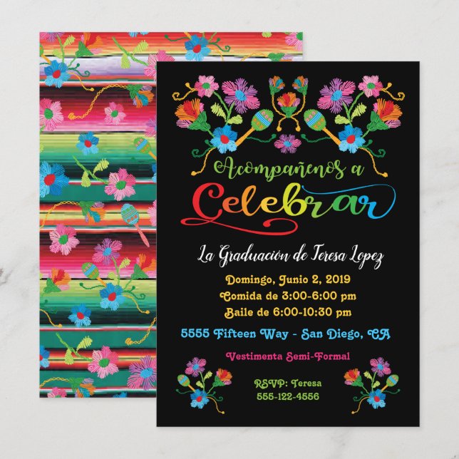 Invitation Fête mexicaine avec broderie (Devant / Derrière)