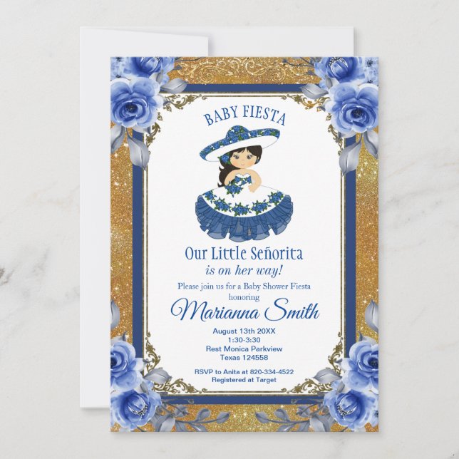 Invitation Fête Mexicaine Bébé Fille Roses Bleu Royal Or   (Devant)