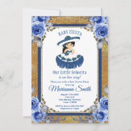 Invitation Fête Mexicaine Bébé Fille Roses Bleu Royal Or Baby
