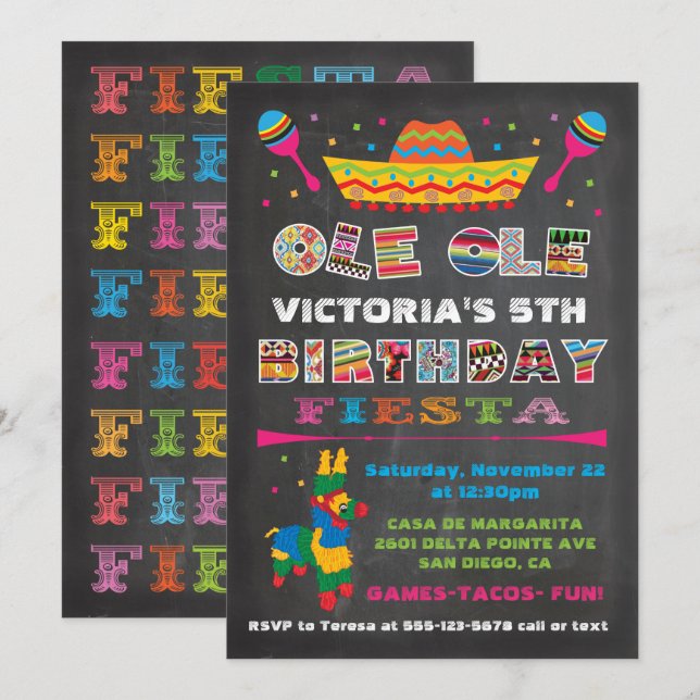 Invitation Fête mexicaine Chalkboard Anniversaire (Devant / Derrière)