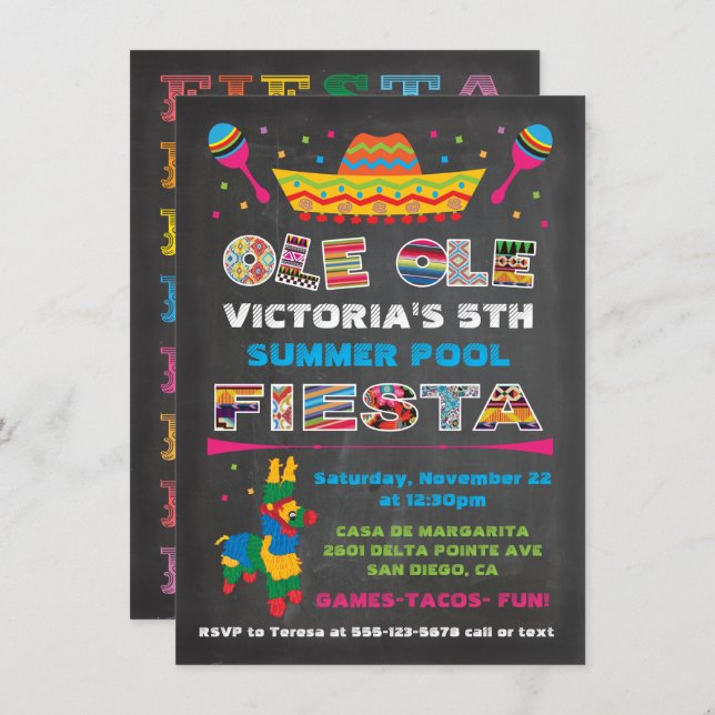 Invitation Fête mexicaine Chalkboard Anniversaire (Devant / Derrière)