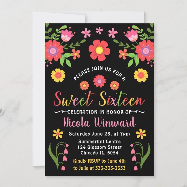 Invitation Fête mexicaine et Sweet sixteen noir (Devant)