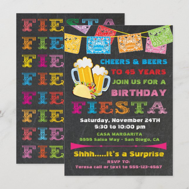 Invitation Fête mexicaine, fête d'anniversaire (Devant / Derrière)