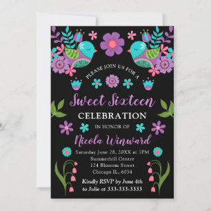Invitation Fête mexicaine Floral et Sweet Sixteen noir